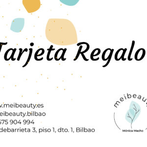 Tarjeta regalo con texto "Tarjeta Regalo" y detalles de contacto de Meibeauty.