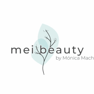 Logo de Mei Beauty con el texto "me i beauty by Mónica Macho" y un diseño de hoja.